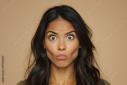 Studio portrait of expressive Latina woman making surprised face with big eyes and lips puckered