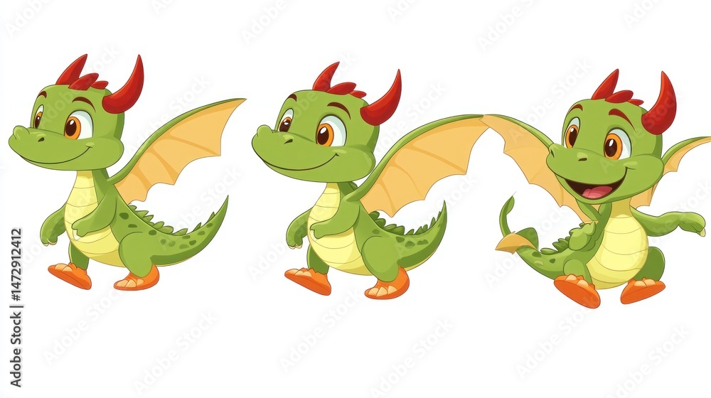 Obraz premium Three adorable cartoon dragons in various playful poses, smiling and ready for adventure!