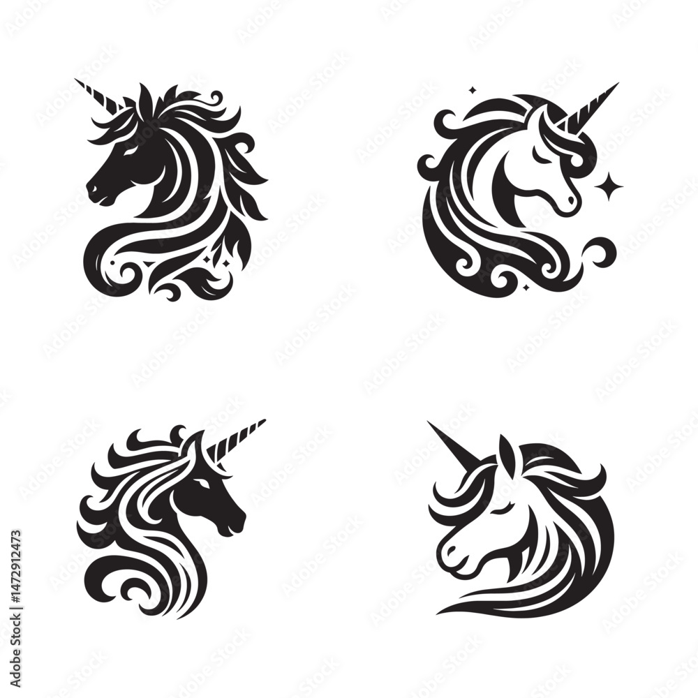 Unicorn face vector silhouettes. Unicorn face vector silhouettes.