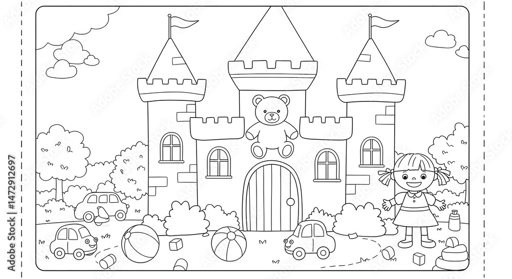 Obraz premium Charming Castle Coloring Page Princess, Teddy Bear, and Cars