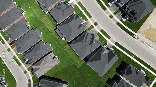 Aerial Birdseye Drone view over residential neighbourhood during the sunny day. Canada Toronto