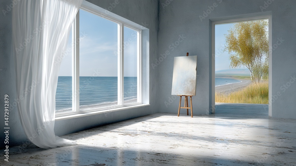 Fototapeta premium An artist's easel faces an open window, overlooking the ocean and a painted canvas