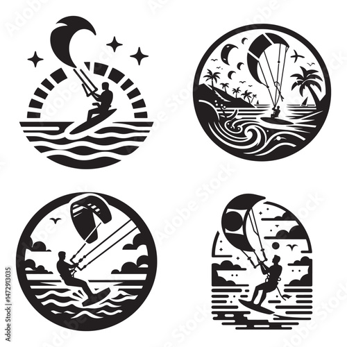 Kite Surfing Vector Silhouette.