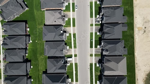 Aerial Birdseye Drone view over residential neighbourhood during the sunny day. Canada Toronto