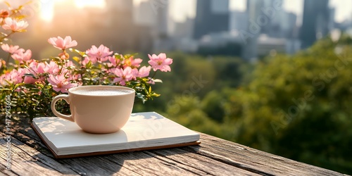 Coffee Cup on Open Book with Pink Flowers Outside