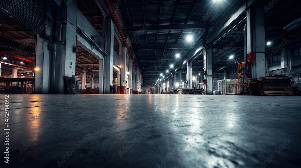 Fototapeta premium Industrial warehouse with concrete floors and steel beams, showcasing raw urban aesthetics and depth.