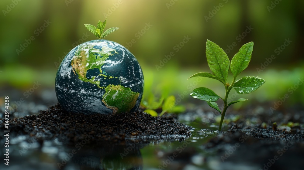 Earth globe with seedling emerging from soil beside plant Earth globe with seedling emerging from soil beside plant