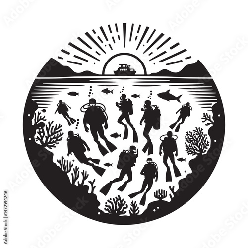Scuba diving silhouettes set