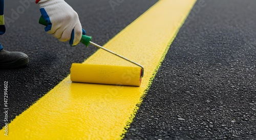 A close-up photograph of a gloved hand using a yellow paint roller to apply a bright yellow line onto a dark asphalt road surface.