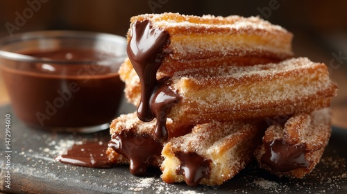 Churros con Chocolate. Traditional Spanish dessert closeup