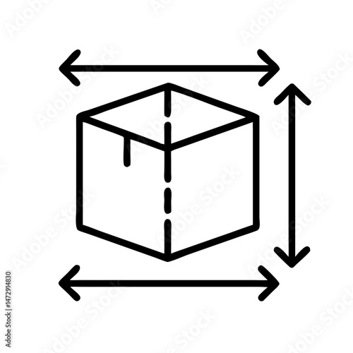 3D cube with measurement lines illustrating dimensions and volume concept  