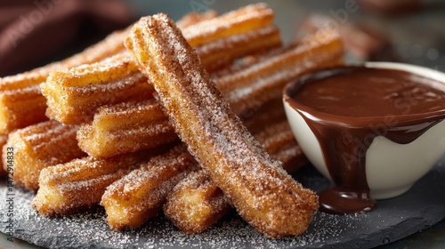 Churros con Chocolate. Traditional Spanish dessert closeup