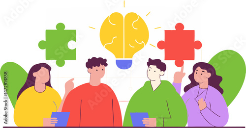 Four people sit around a table connected by puzzle pieces, with a lightbulb containing a brain above them.