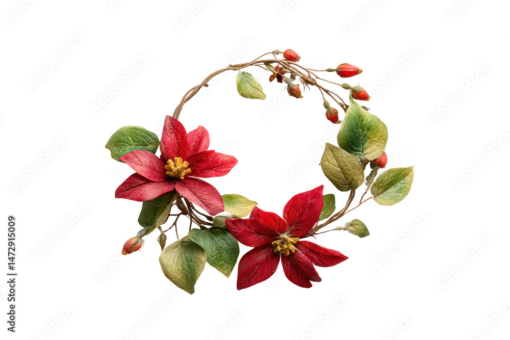 Naklejka premium PNG Floral wreath with red flowers and green leaves on black background