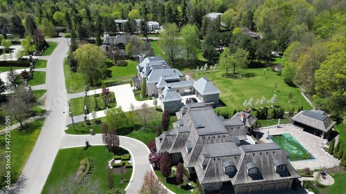 Aerial Drone footage of high end suburban residential neighbourhood. subdivision district