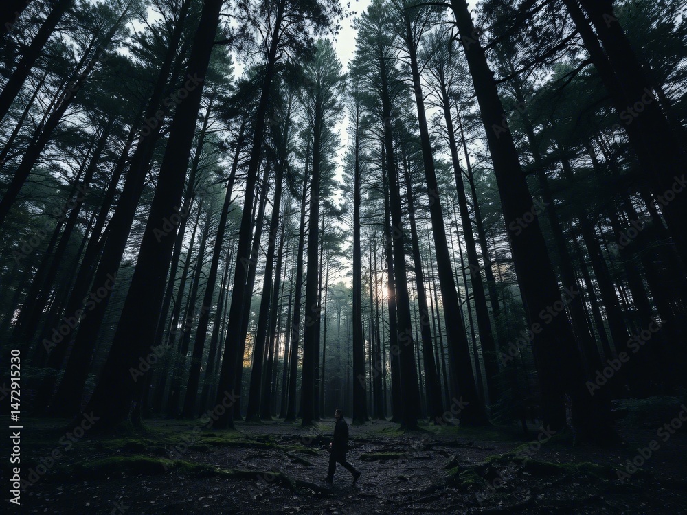 Fototapeta premium Serene Sunset Walk Through Majestic Pine Forest Trees