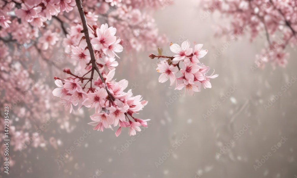 Naklejka premium Delicate pink sakura petals drift against a soft-focus spring backdrop , spring background, floral