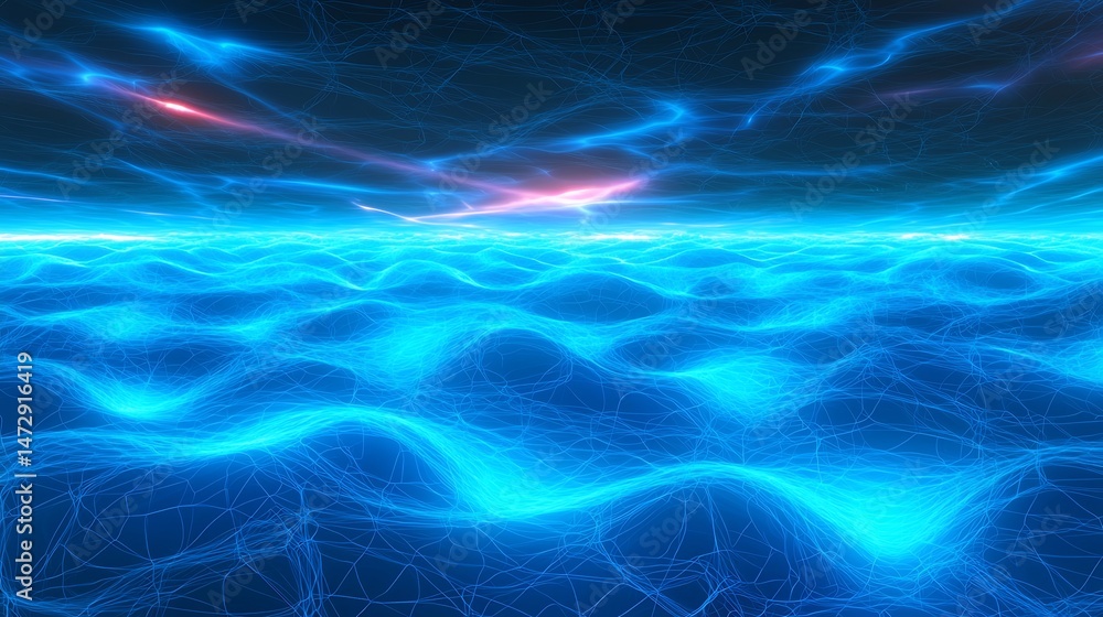 Fototapeta premium Blue Fractal Net Expanding Across a Three Dimensional Cloud Pattern With Bright Neon Effects and Wave Motion