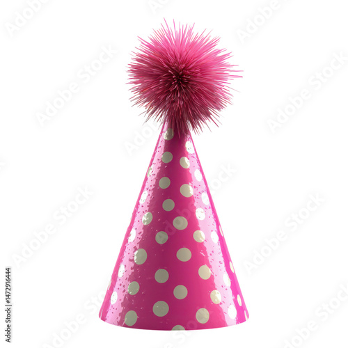 Pink party hat with white polka dots and a fluffy pom-pom on top.