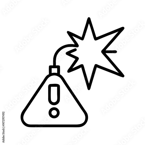 black and white icon of explosive hazard warning triangle with exclamation mark and blast burst, minimal outline danger symbol, isolated vector illustration