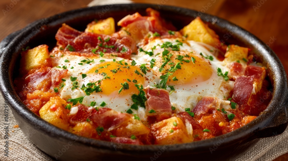 Huevos Rotos con jamon. Broken eggs and ham, Madrid cuisine Huevos Rotos con jamon. Broken eggs and ham, Madrid cuisine