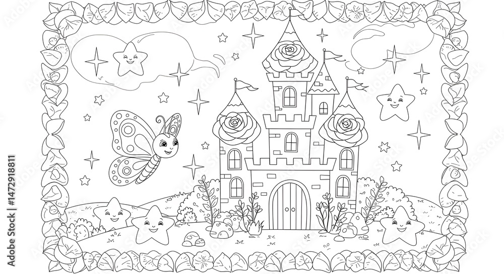 Naklejka premium Enchanted Castle and Butterfly Coloring Page Magical Fairytale Illustration