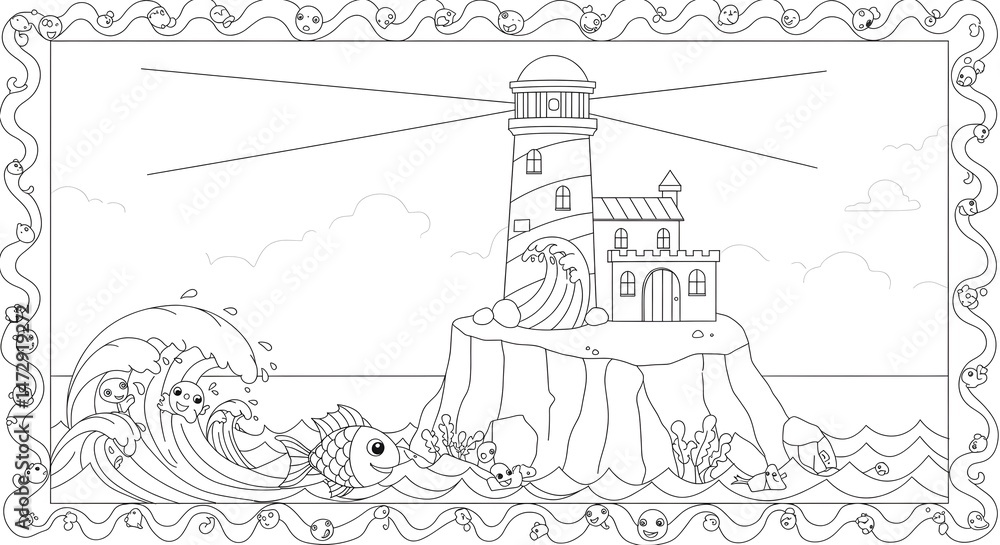 Obraz premium Lighthouse Coloring Page Coastal Scene with Waves and Fish