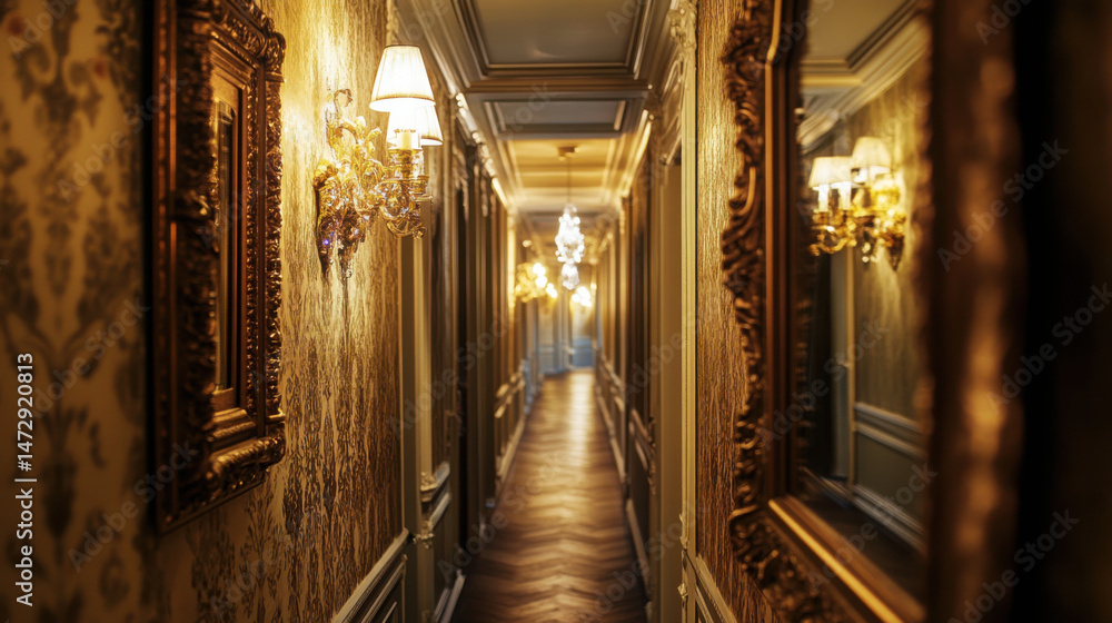 Fototapeta premium Modern Corridor Interior Design with Mirror and Elegant Lighting