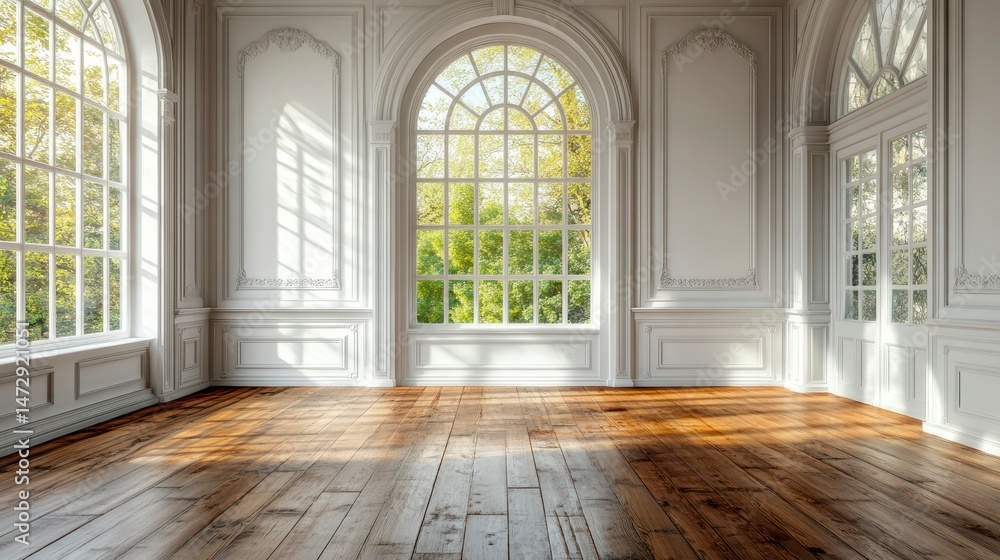 Bright room with large arched windows offers view of green foliage, sunlight on wood floor Bright room with large arched windows offers view of green foliage, sunlight on wood floor