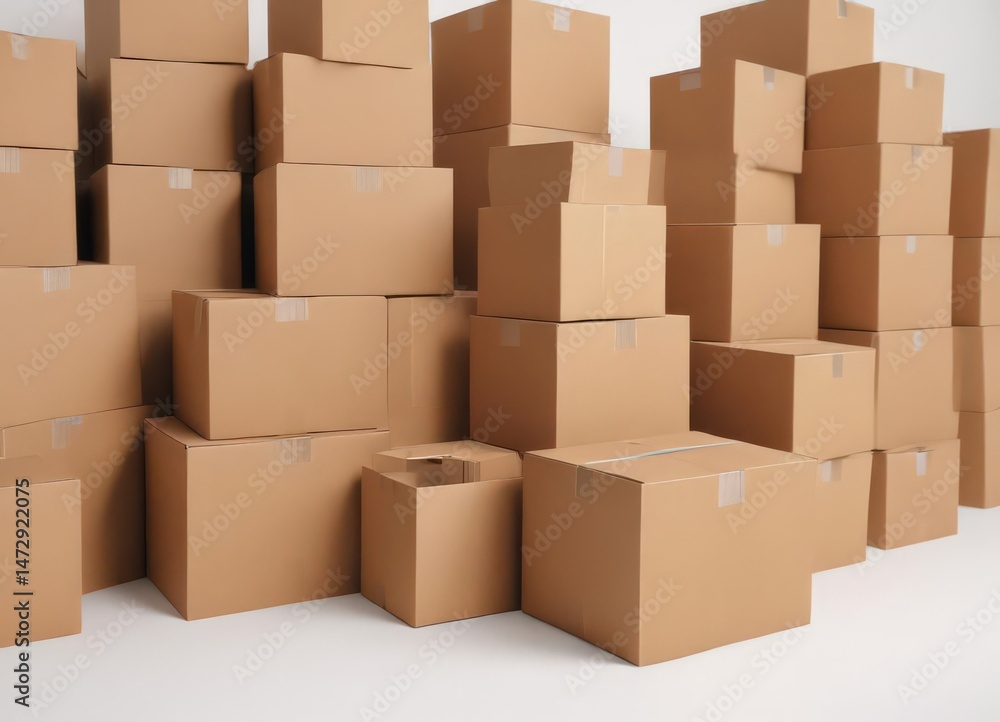 Several brown cardboard boxes, various sizes, against a bright white backdrop , various sizes, design, cardboard boxes Several brown cardboard boxes, various sizes, against a bright white backdrop , various sizes, design, cardboard boxes