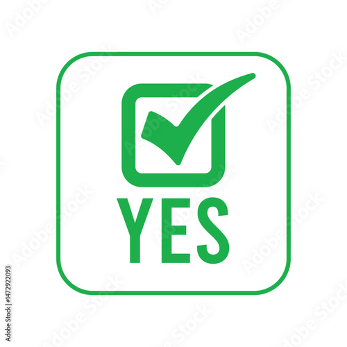 Simple green checkmark icon in outlined square on white, bold 'YES' below. Modern minimalist symbol for approval/verification. Bright green/white palette, centered composition.