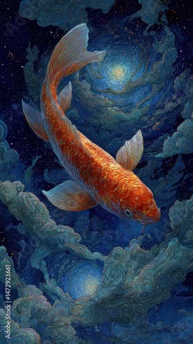 A stylized koi fish in a celestial scene.