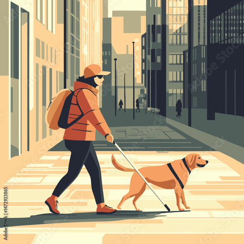 Visually impaired person navigates modern urban street with guide dog in a vibrant city setting