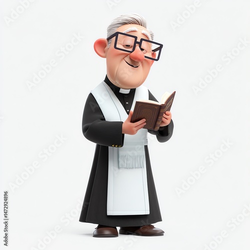 A cartoon illustration a priest/ vicar wearing a robe with dog collar, holding an open bible, isolated, white background