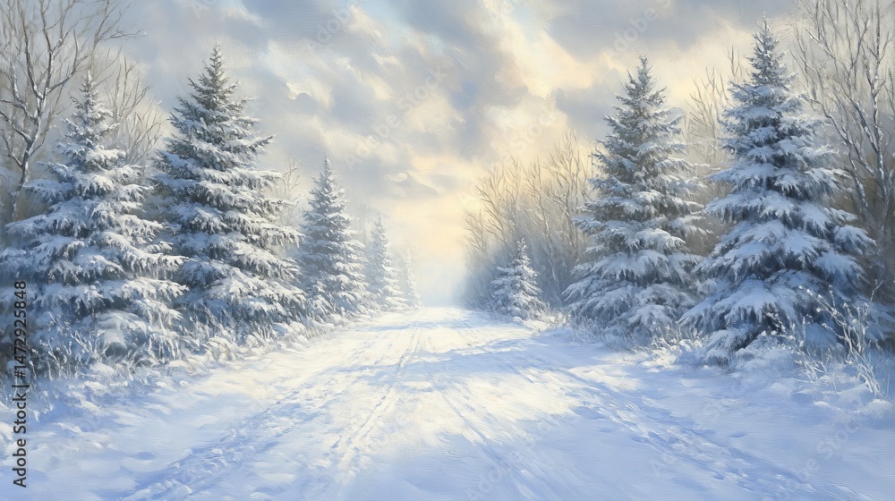 Fototapeta premium Pine trees heavily laden with snow evoke a sense of enchantment in a winter wonderland setting