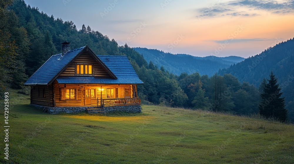 Cabin glows at dusk, nestled in verdant hills, serene mountain vista Cabin glows at dusk, nestled in verdant hills, serene mountain vista