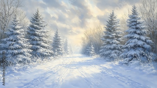 Pine trees heavily laden with snow evoke a sense of enchantment in a winter wonderland setting