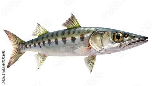 Isolated image of a Barracuda fish with sharp teeth on transparent background