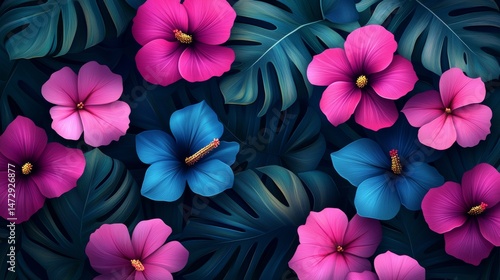 Lush green leaves accompany the bright tropical hibiscus flowers