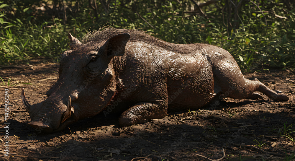Obraz premium Muddy Warthog Resting In Shadow Amidst Lush Green Undergrowth In Africa