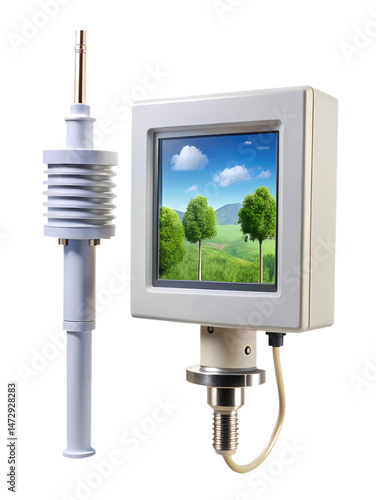 Weather monitoring station with temperature sensor and display showcasing natural landscape