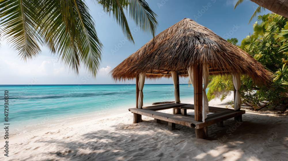 Tropical beach scene with thatched hut Tropical beach scene with thatched hut