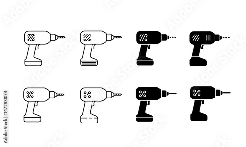 Electric Drill Icons Set. electric drill icons in black outline and solid styles.