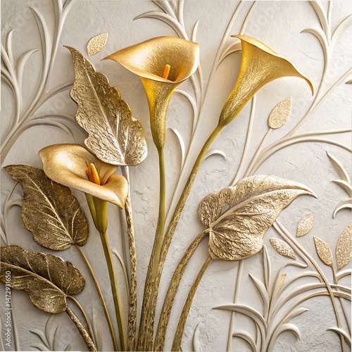 Elegant 3D Floral Background – Golden Calla Lilies with Stucco Stems and Leaves.