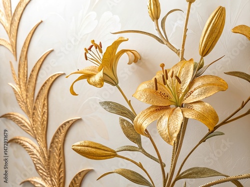 Elegant 3D Floral Background – Golden Lily with Stucco Stems and Leaves.