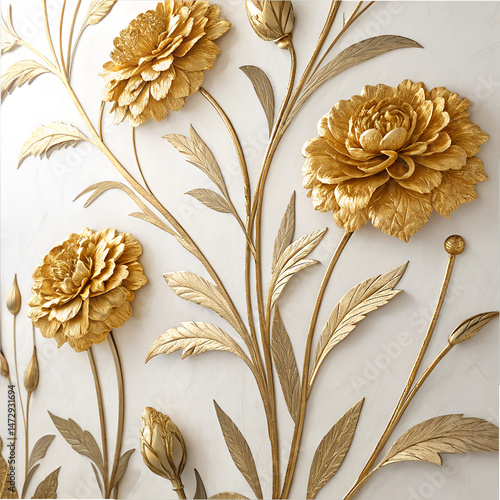 Elegant 3D Floral Background – Golden Carnations with Stucco Stems and Leaves.