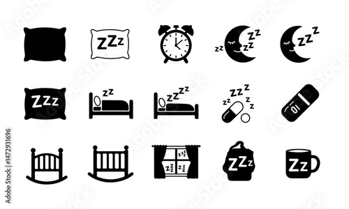  Sleep Icons representing various aspects of sleep and rest, including pillows, alarm clocks, sleeping crescent moons, beds, sleeping pills, baby cradles, night windows, and a mug with "Zzz" symbols.