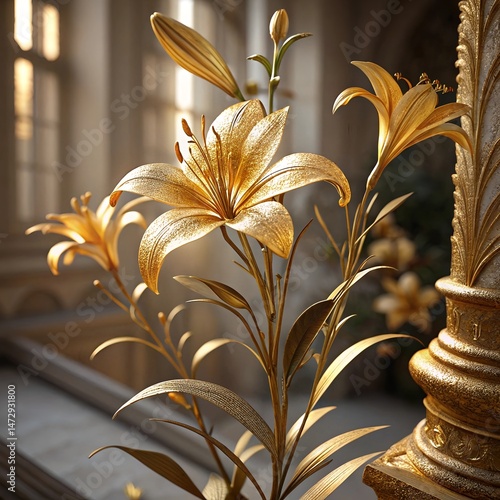 Elegant 3D Floral Background – Golden Lily with Stucco Stems and Leaves.