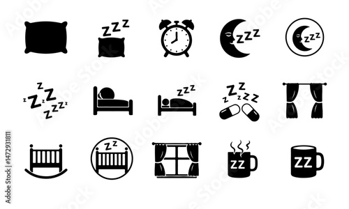  Sleep Icons representing various aspects of sleep and rest, including pillows, alarm clocks, sleeping crescent moons, beds, sleeping pills, baby cradles, night windows, and a mug with "Zzz" symbols.