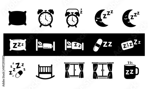 Sleep Icons representing various aspects of sleep and rest, including pillows, alarm clocks, sleeping crescent moons, beds, sleeping pills, baby cradles, night windows, and a mug with "Zzz" symbols.